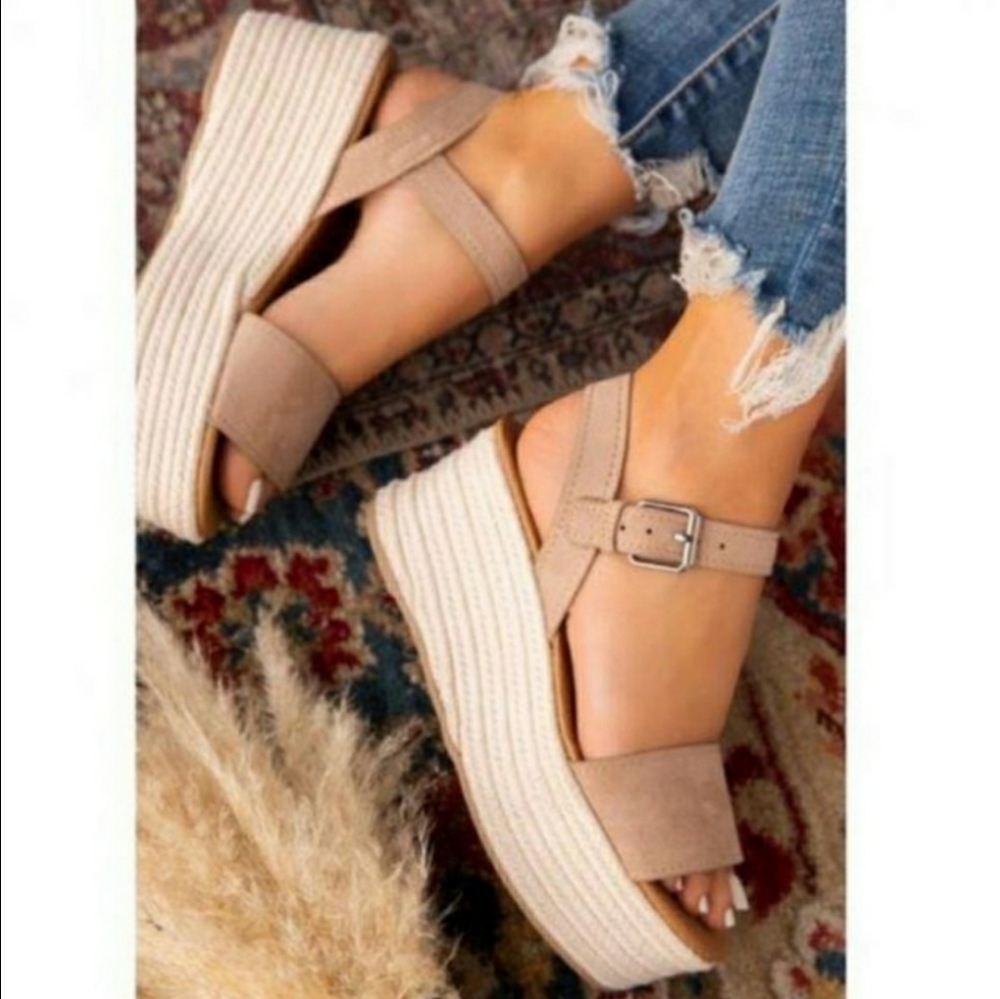 ESPADRILLE FLATFORM SANDALS- TAUPE